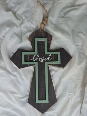 Blessed Blue Cross Wall Hanging With Beads On Hanger
